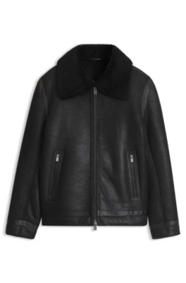 Grained leather jacket with shearling collar, Black