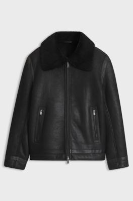 Grained leather jacket with shearling collar, Black