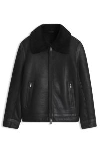 Grained leather jacket with shearling collar, Black