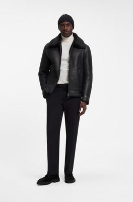 Grained leather jacket with shearling collar, Black