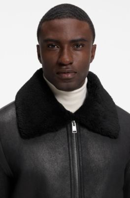 Grained leather jacket with shearling collar, Black