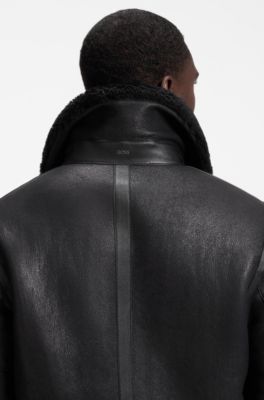 Grained leather jacket with shearling collar, Black