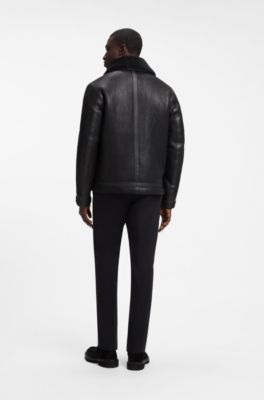 Grained leather jacket with shearling collar, Black