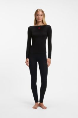 Slim-fit leggings with red woven logo label, Black