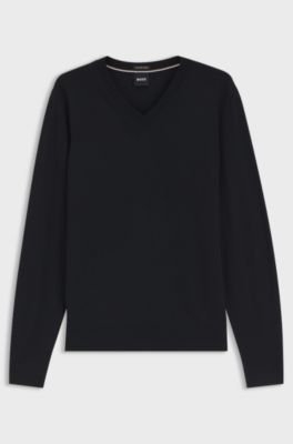 V-neck sweater in extra-fine merino wool, Black