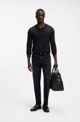 V-neck sweater in extra-fine merino wool, Black