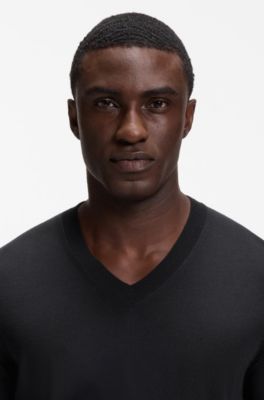 V-neck sweater in extra-fine merino wool, Black