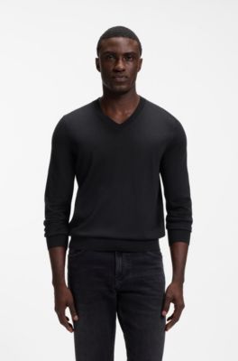 V-neck sweater in extra-fine merino wool, Black