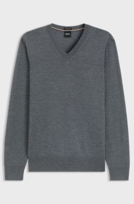 V-neck sweater in extra-fine merino wool, Grey