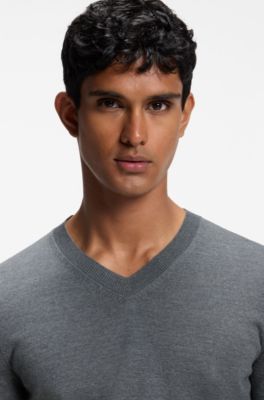 V-neck sweater in extra-fine merino wool, Grey