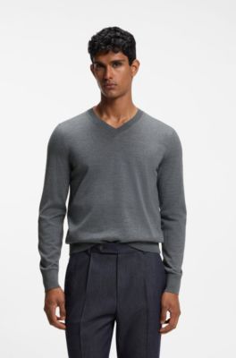 V-neck sweater in extra-fine merino wool, Grey