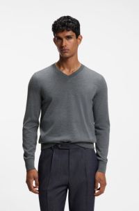 V-neck sweater in extra-fine merino wool, Grey