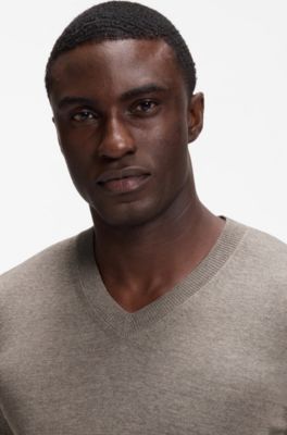 V-neck sweater in extra-fine merino wool, Brown