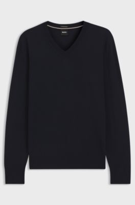 V-neck sweater in extra-fine merino wool, Dark Blue