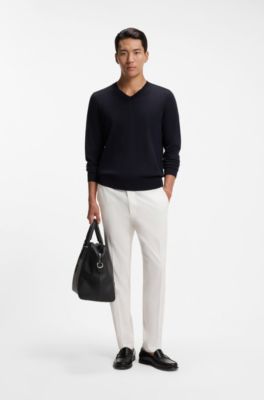 V-neck sweater in extra-fine merino wool, Dark Blue