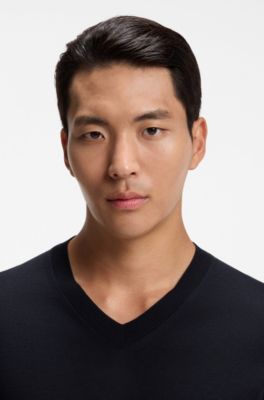 V-neck sweater in extra-fine merino wool, Dark Blue