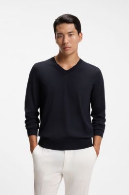 V-neck sweater in extra-fine merino wool, Dark Blue