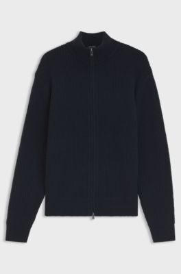 Zip-up cardigan in structured virgin wool and cashmere, Dark Blue