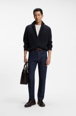 Zip-up cardigan in structured virgin wool and cashmere, Dark Blue