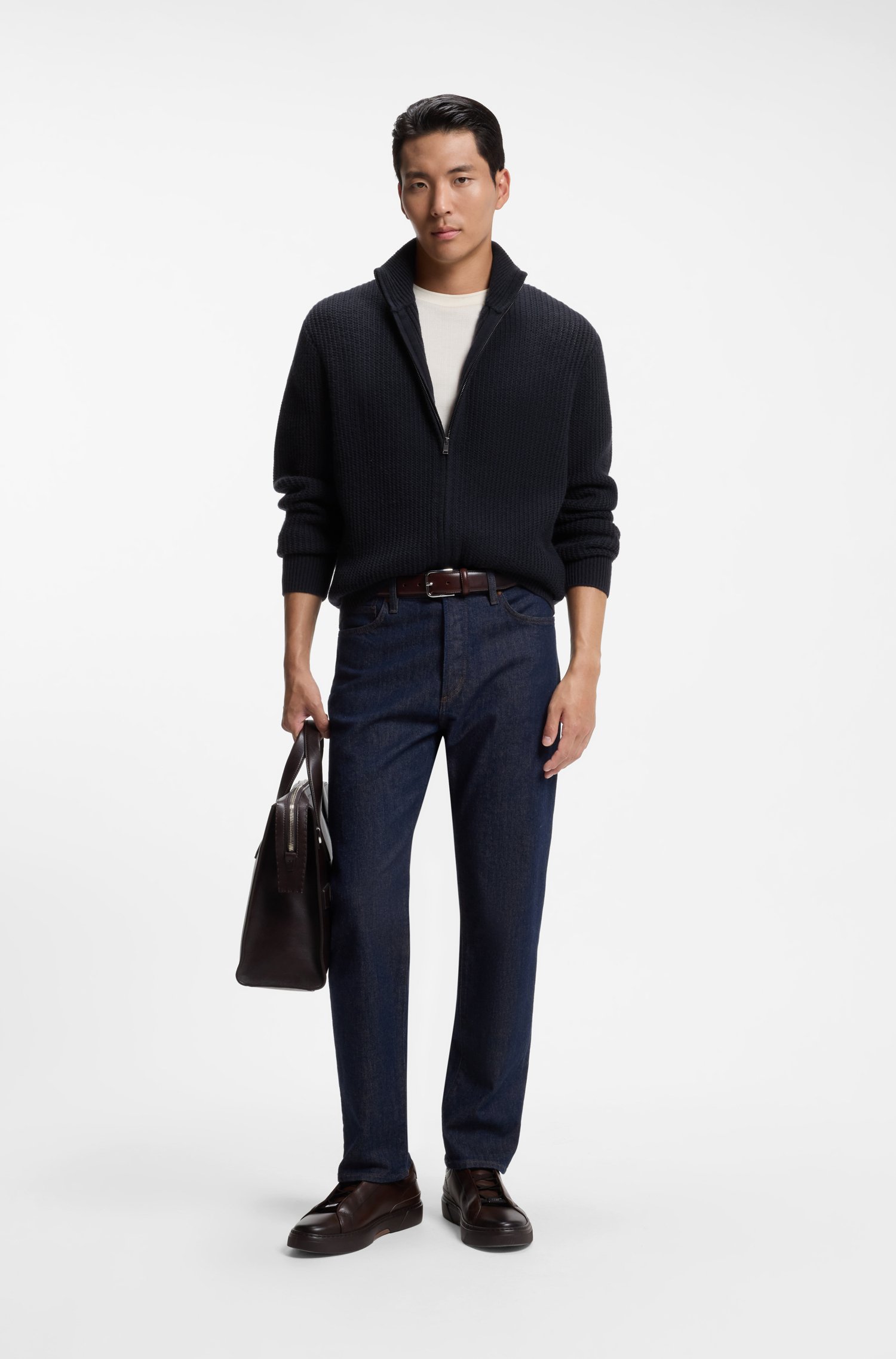Boss Zip-up cardigan in structured virgin wool and cashmere herr – bild 2