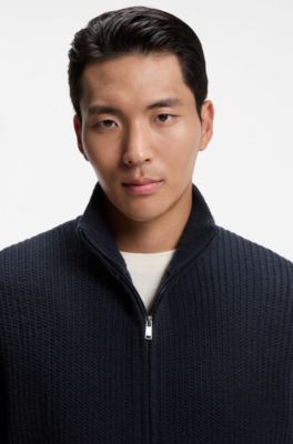 Zip-up cardigan in structured virgin wool and cashmere, Dark Blue