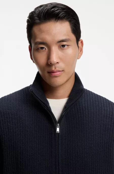Zip-up cardigan in structured virgin wool and cashmere