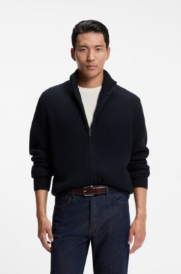 Zip-up cardigan in structured virgin wool and cashmere, Dark Blue
