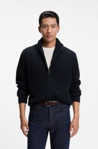 Zip-up cardigan in structured virgin wool and cashmere, Dark Blue