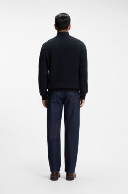 Zip-up cardigan in structured virgin wool and cashmere, Dark Blue