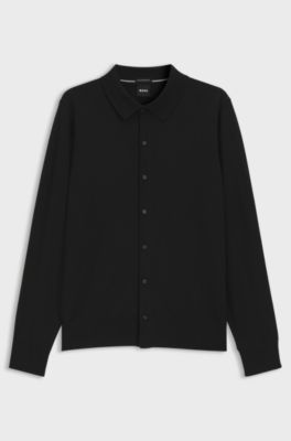 Virgin wool cardigan with a polo collar, Black