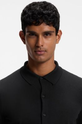 Virgin wool cardigan with a polo collar, Black
