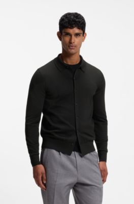 Virgin wool cardigan with a polo collar, Black