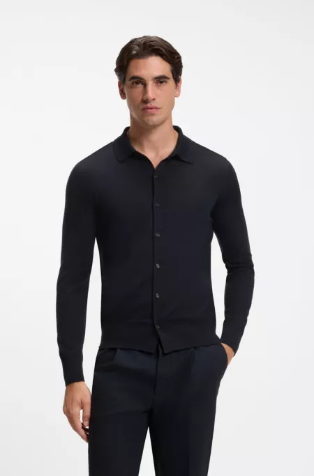 Virgin wool cardigan with a polo collar