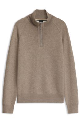 Zip-neck sweater in a knitted cotton blend, Light Brown