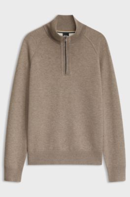 Zip-neck sweater in a knitted cotton blend, Light Brown