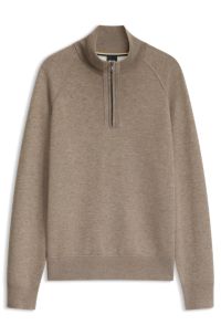 Zip-neck sweater in a knitted cotton blend, Light Brown