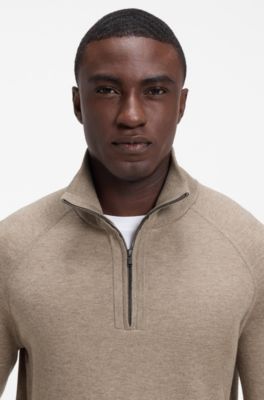 Zip-neck sweater in a knitted cotton blend, Light Brown