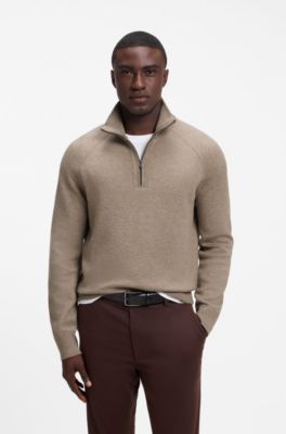Zip-neck sweater in a knitted cotton blend, Light Brown