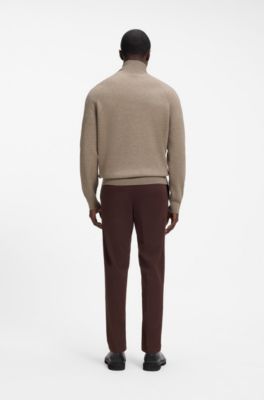 Zip-neck sweater in a knitted cotton blend, Light Brown