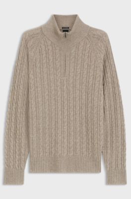 Zip-neck sweater with an all-over cable pattern, Light Brown