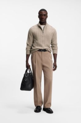 Zip-neck sweater with an all-over cable pattern, Light Brown