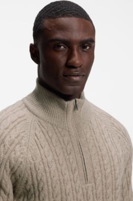 Zip-neck sweater with an all-over cable pattern, Light Brown