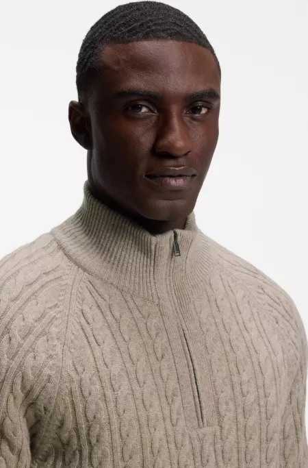 Zip-neck sweater with an all-over cable pattern