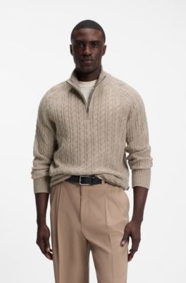 Zip-neck sweater with an all-over cable pattern, Light Brown