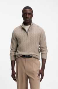 Zip-neck sweater with an all-over cable pattern, Light Brown