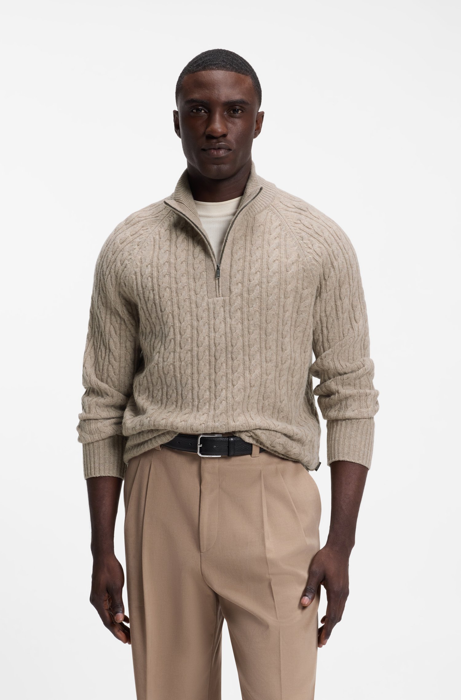 Boss Zip-neck sweater with an all-over cable pattern stickade tröjor herr
