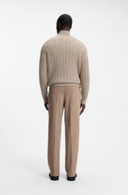 Zip-neck sweater with an all-over cable pattern, Light Brown
