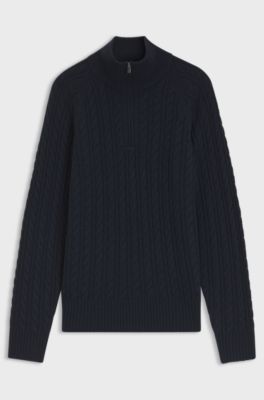 Zip-neck sweater with an all-over cable pattern, Dark Blue