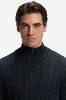 Zip-neck sweater with an all-over cable pattern, Dark Blue