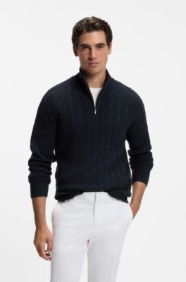 Zip-neck sweater with an all-over cable pattern, Dark Blue